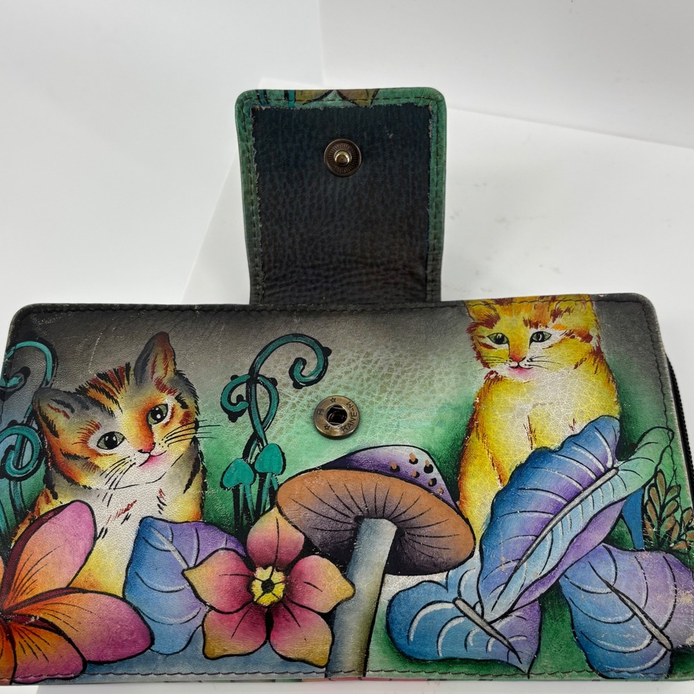 Anuschka Hand Painted Leather Wallet Kittens Mushrooms Floral Zip Trifold Multi